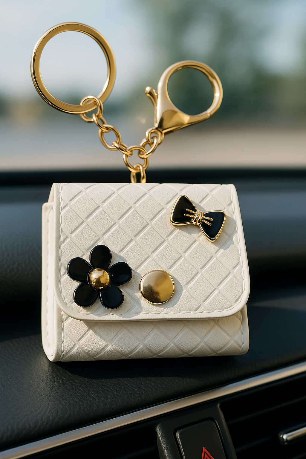 White Quilted Bow & Flower Keychain