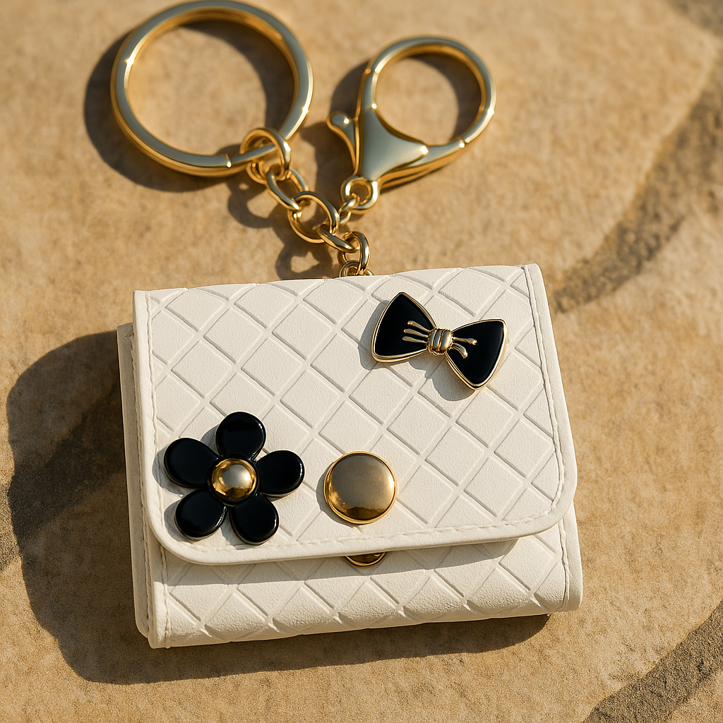 White Quilted Bow & Flower Keychain