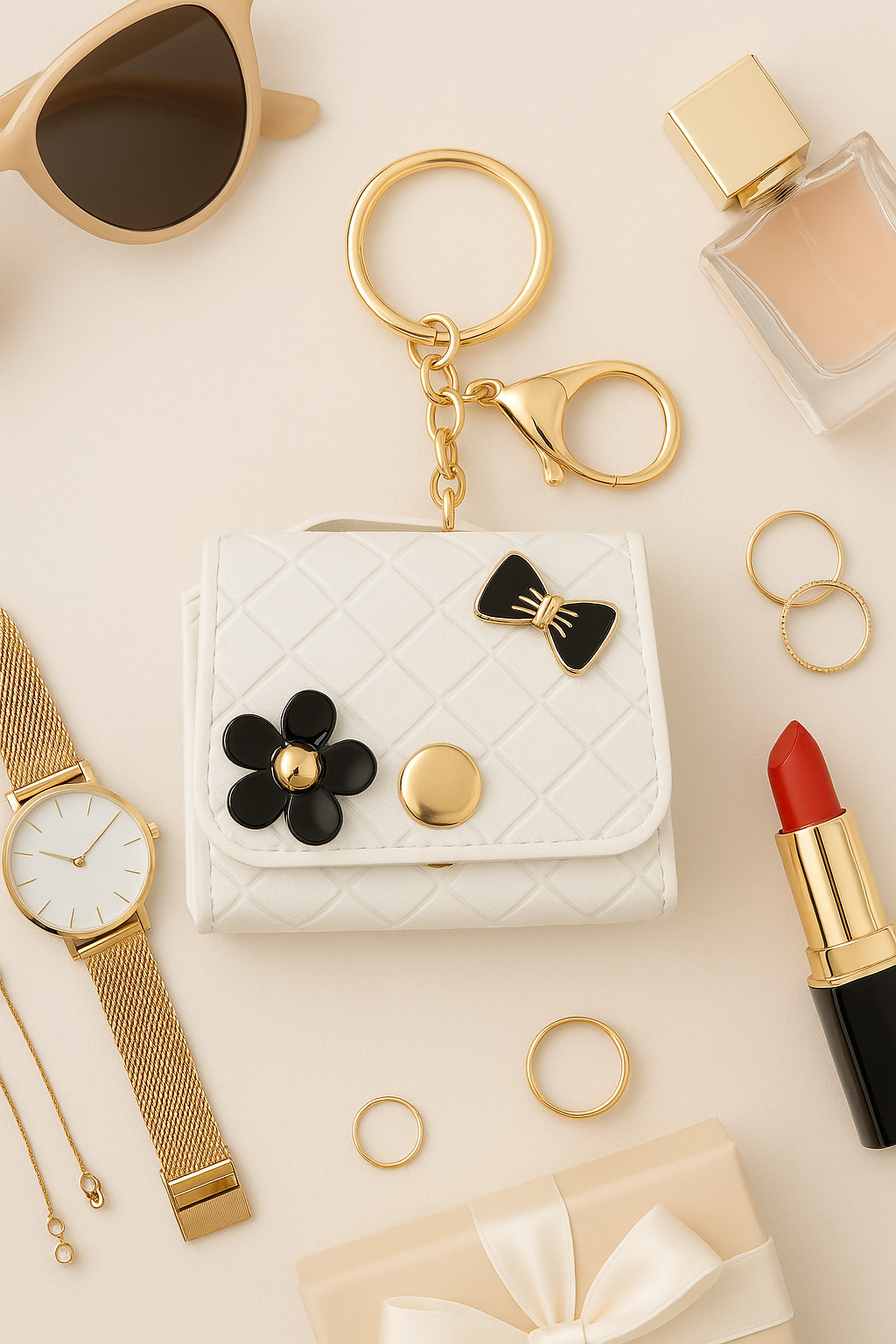 White Quilted Bow & Flower Keychain