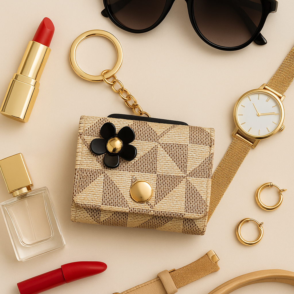 Beige Geometric Keychain Pouch