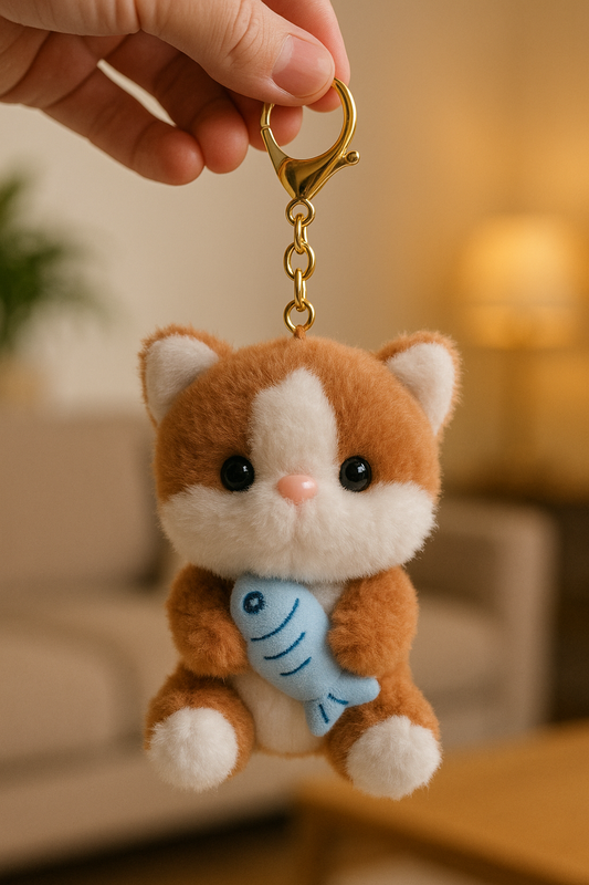 Cute Plush Kitten Keychain with Fish