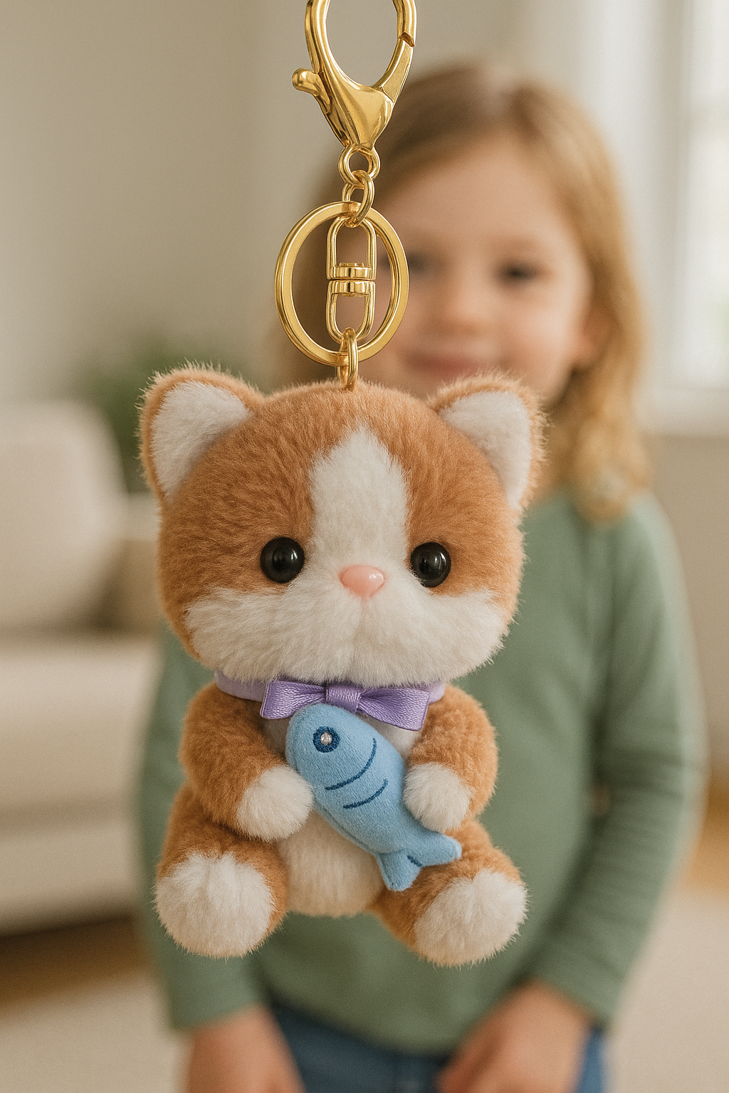 Cute Plush Kitten Keychain with Fish