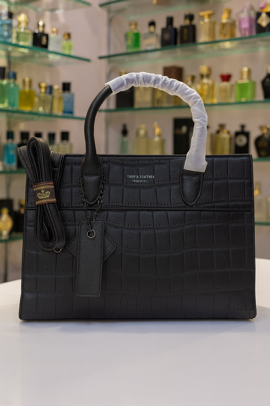 Premium Black Crocodile-Textured Handbag