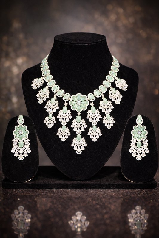 A graceful mint green floral necklace set