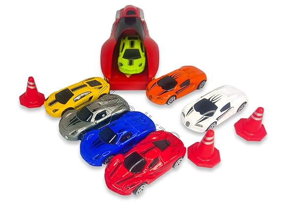 Racing Team Mega Launcher Playset | 7 Die-Cast Metal Cars | High-Speed Racing Action | Powerful Car Launcher