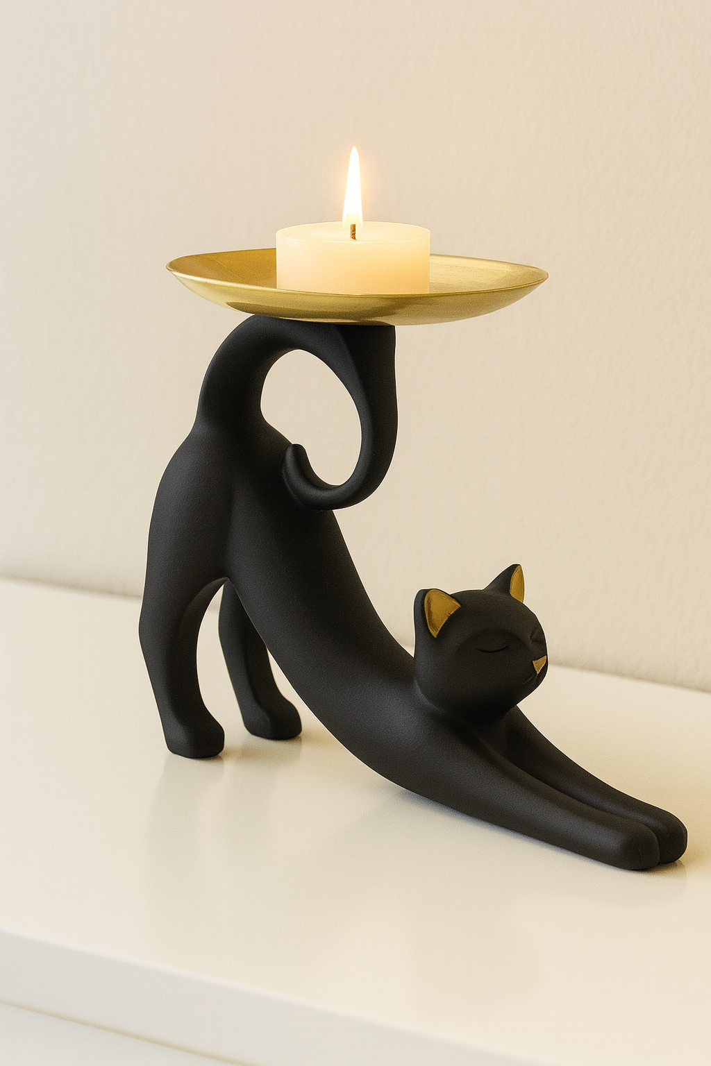🐾 Black Cat Candle Holder with Golden Dish
