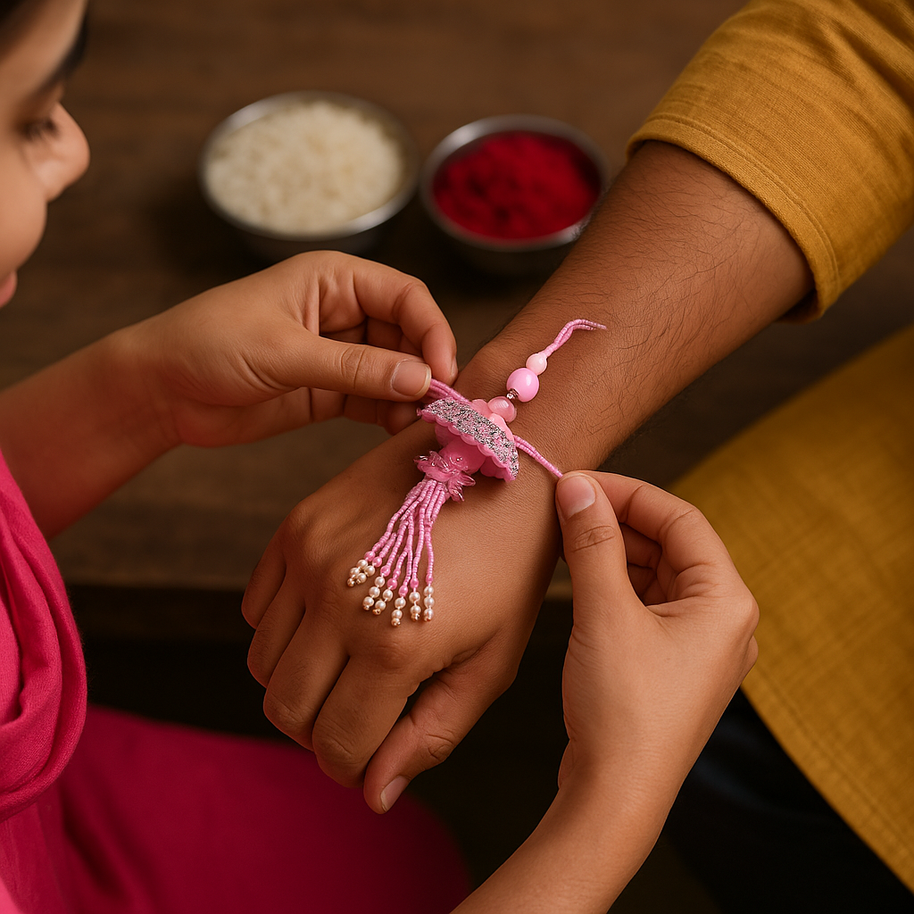 ๐ธ Fancy Pink Umbrella Rakhi ๐ with Beads & Pearls