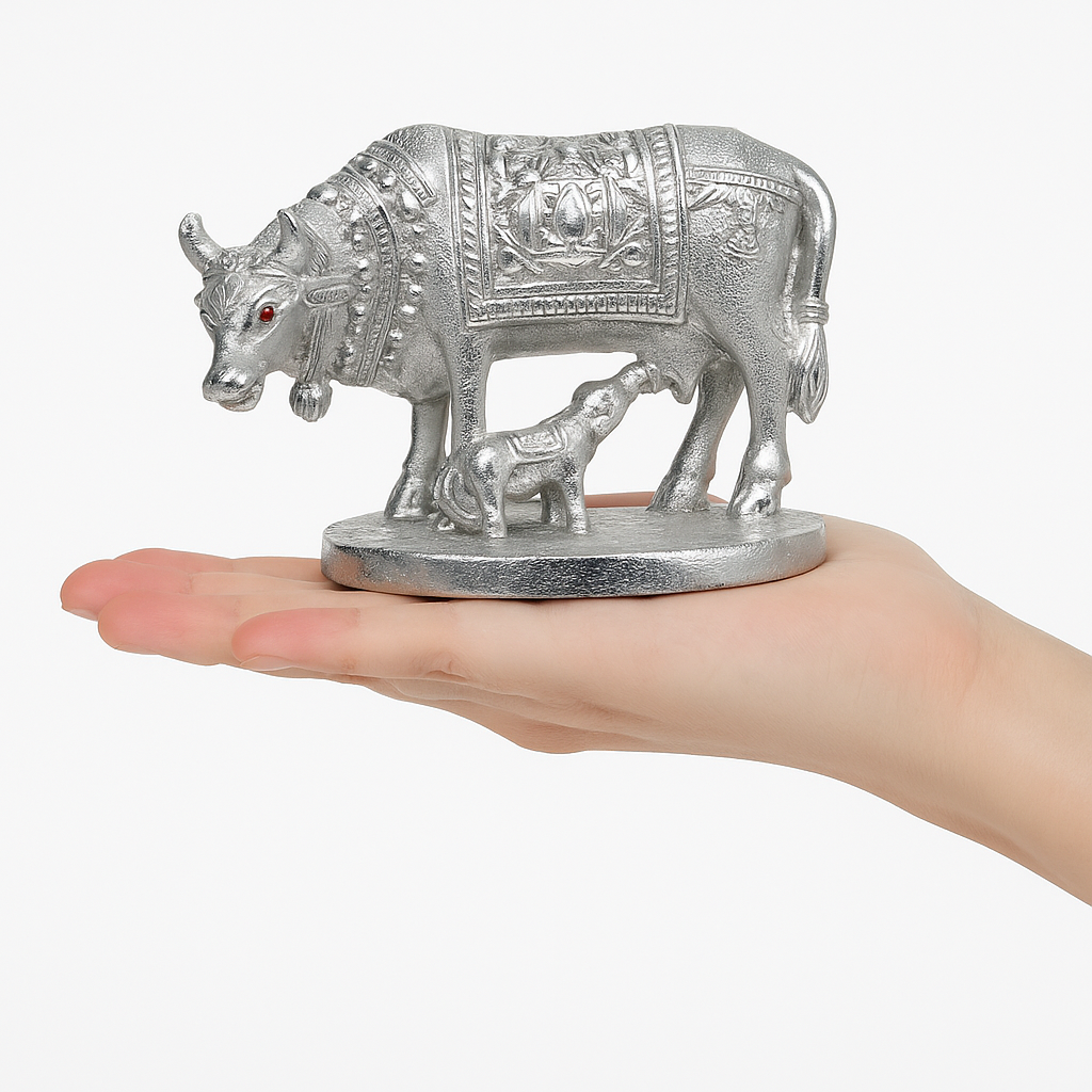 Silver Kamdhenu Cow & Calf Idol π