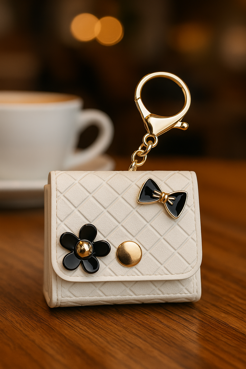 White Quilted Bow & Flower Keychain