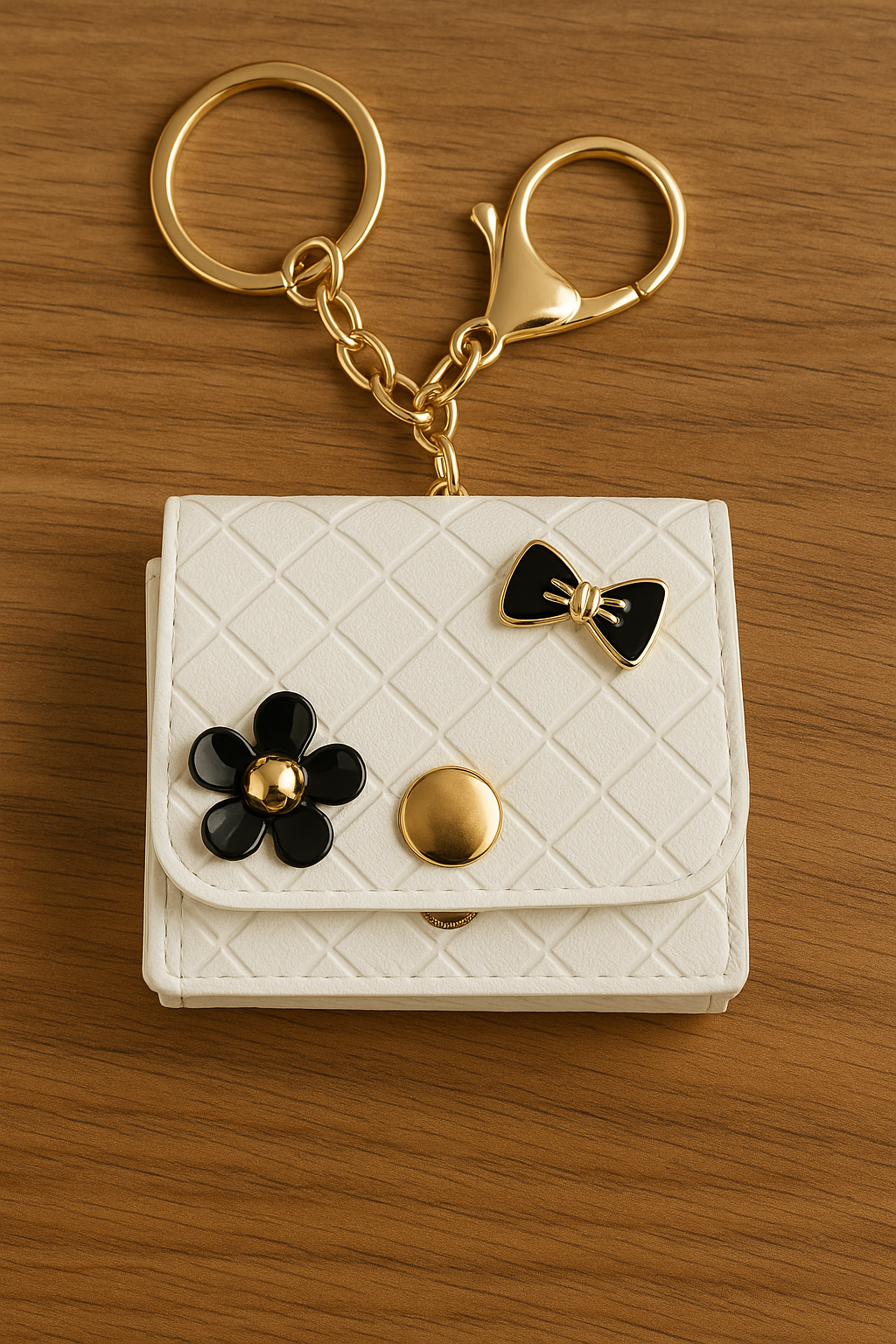 White Quilted Bow & Flower Keychain