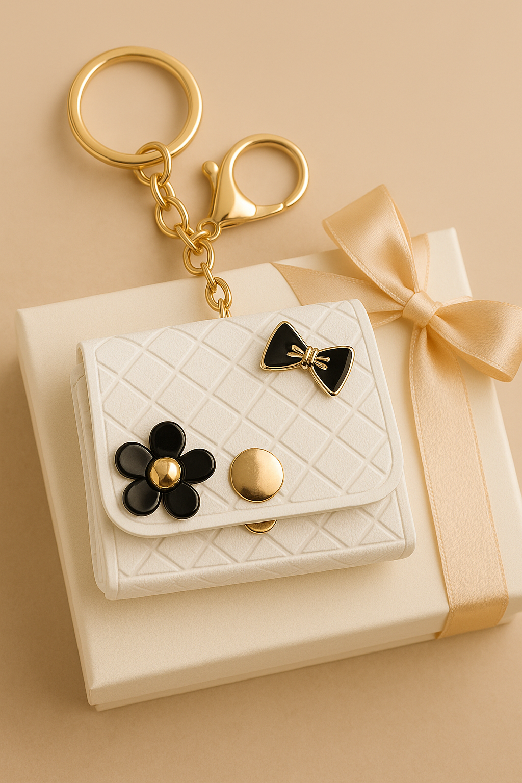 White Quilted Bow & Flower Keychain