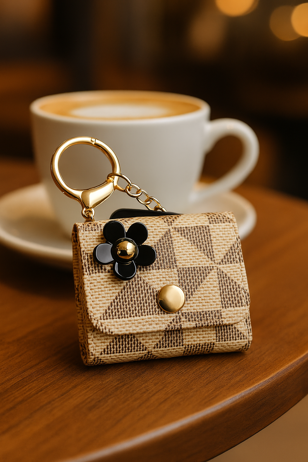 Beige Geometric Keychain Pouch