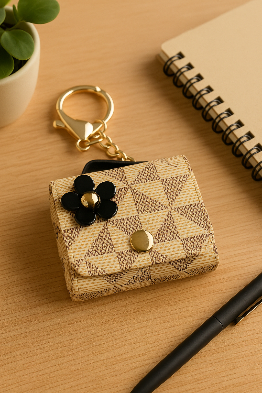 Beige Geometric Keychain Pouch