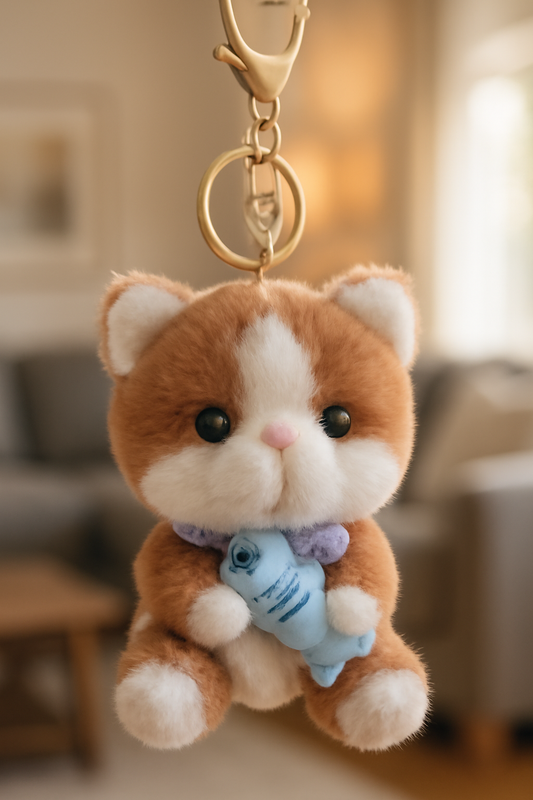 Cute Plush Kitten Keychain with Fish