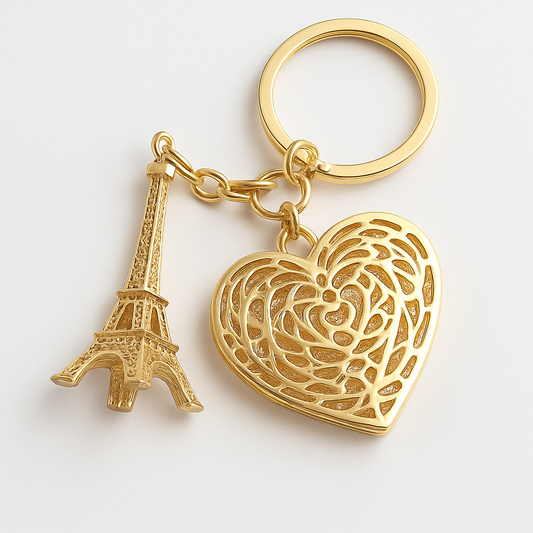 Golden Eiffel Tower & Heart Charm Premium Keychain