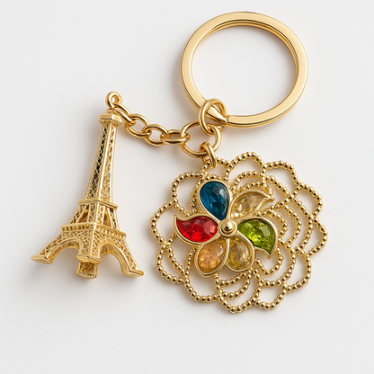 Golden Eiffel Tower & Heart Charm Premium Keychain