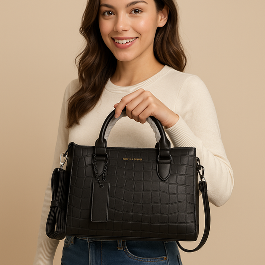 Premium Black Crocodile-Textured Handbag