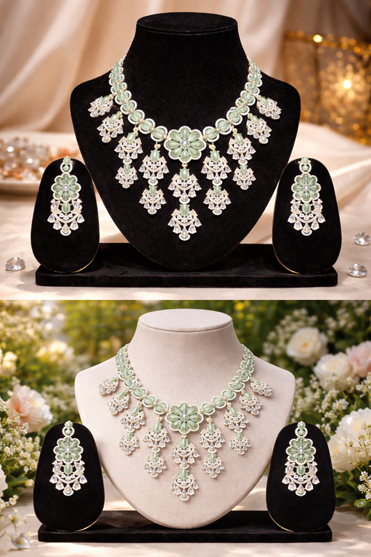 A graceful mint green floral necklace set