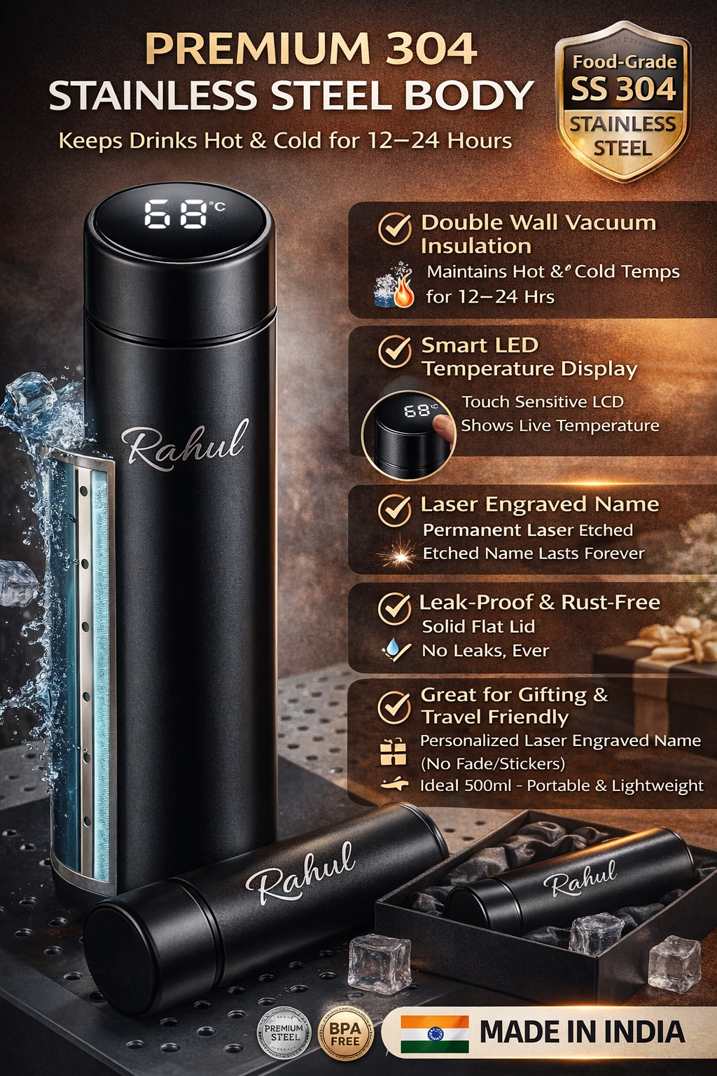 Personalized Temperature Display Water Bottle