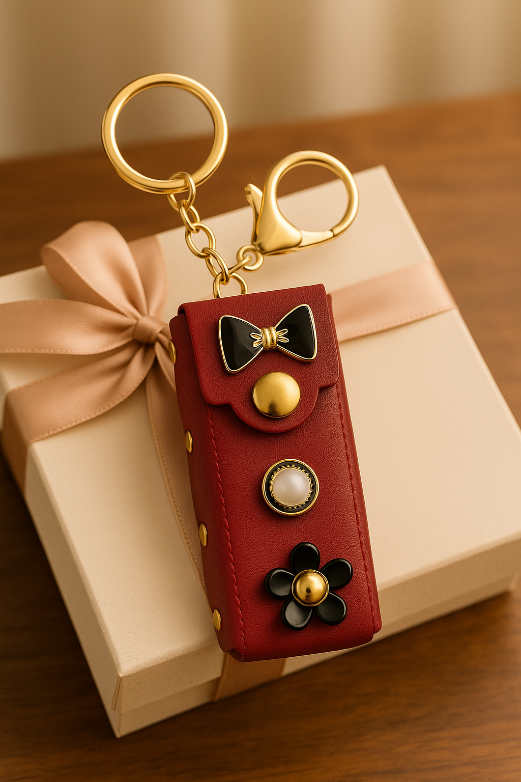 Maroon Bow & Pearl Keychain Pouch