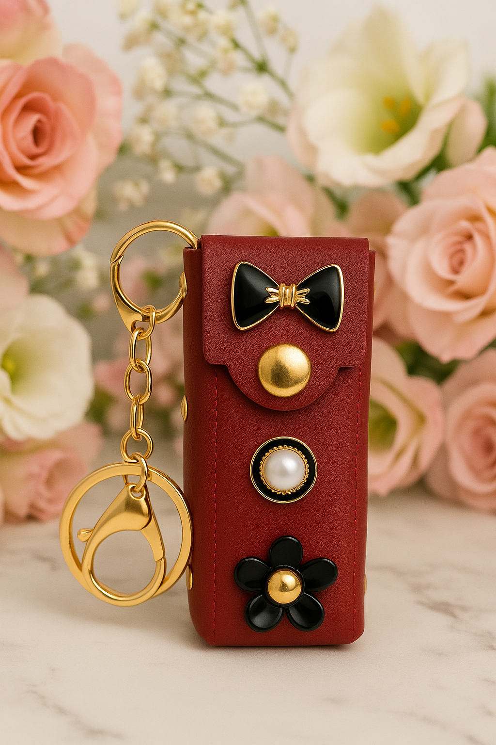 Maroon Bow & Pearl Keychain Pouch