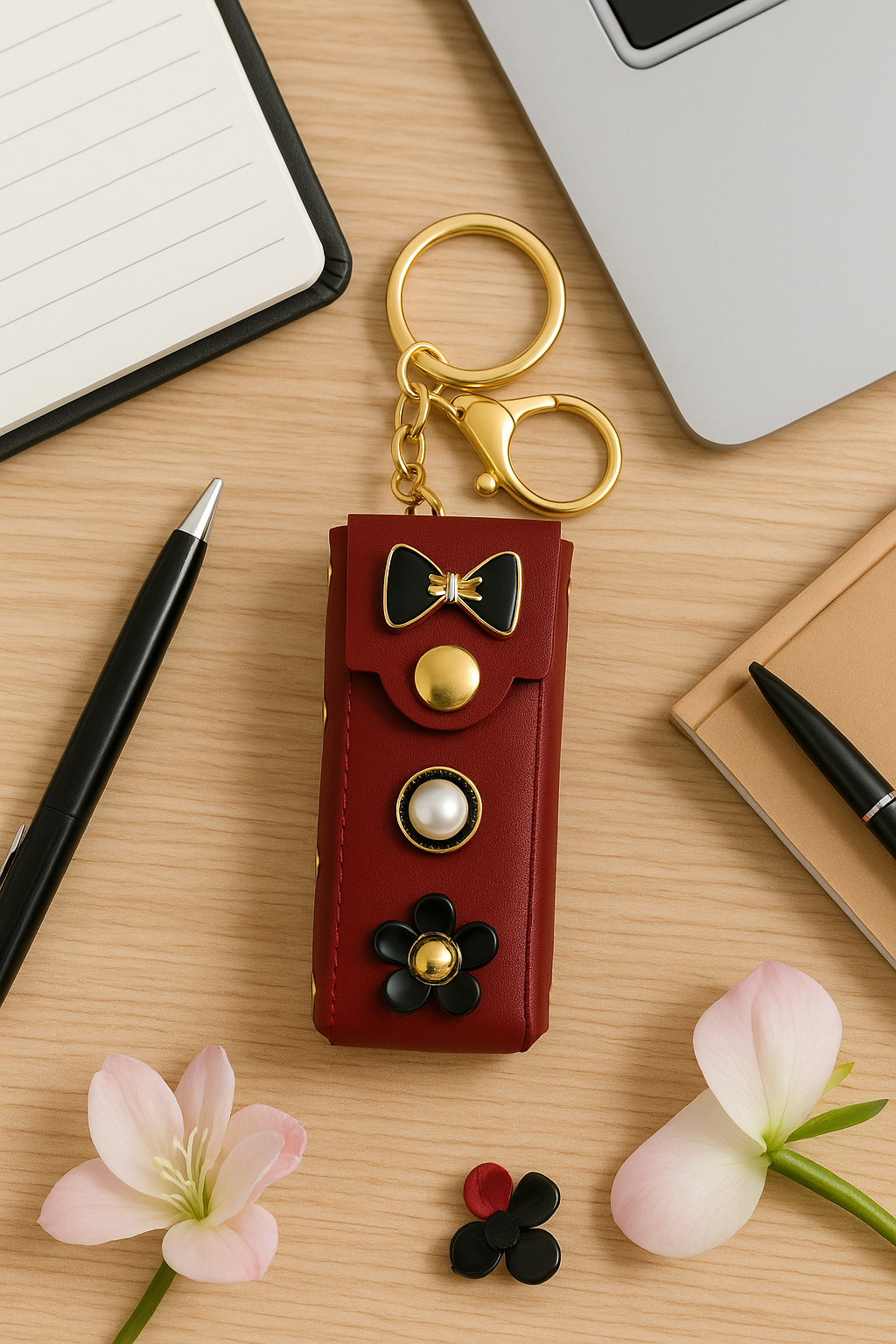 Maroon Bow & Pearl Keychain Pouch