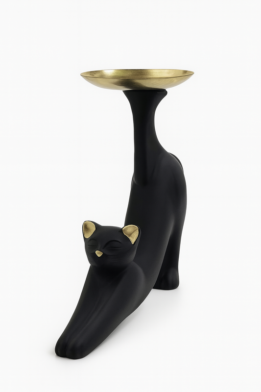 🐾 Black Cat Candle Holder with Golden Dish