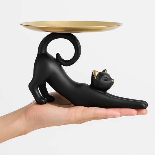🐾 Black Cat Candle Holder with Golden Dish