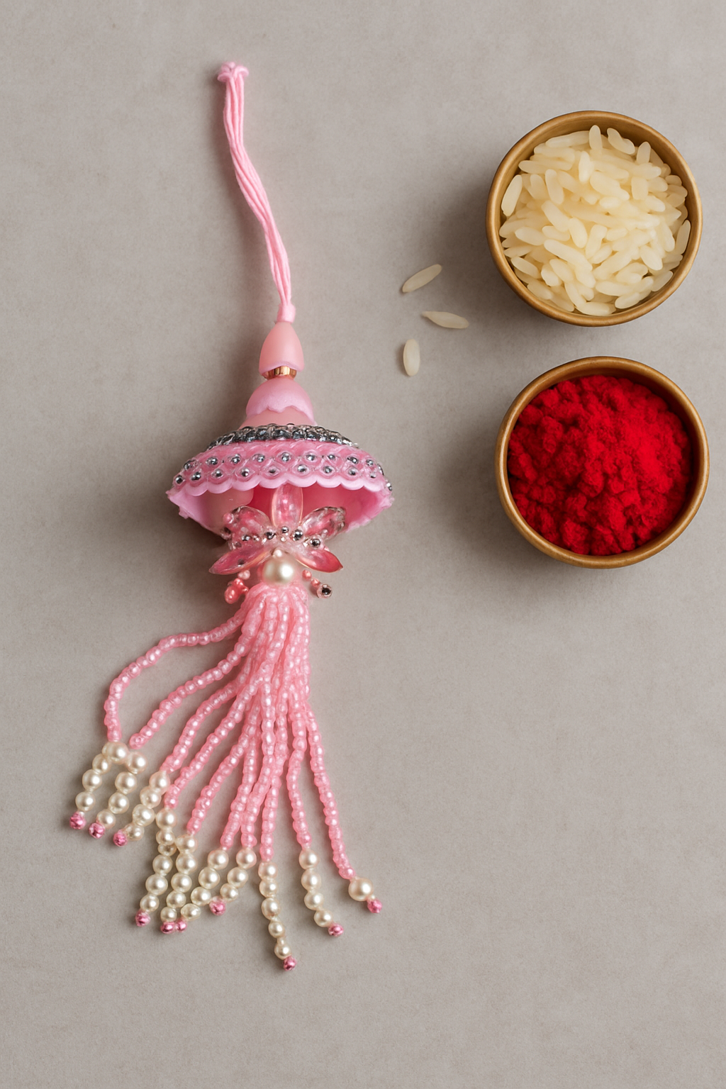 🌸 Fancy Pink Umbrella Rakhi 🎀 with Beads & Pearls