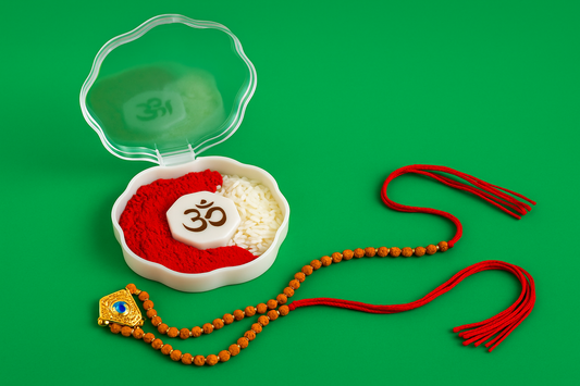 Designer Rudraksha Rakhi with Golden Nazar Charm |