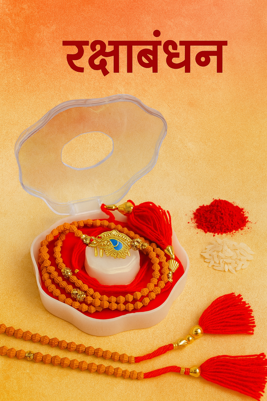 Designer Rudraksha Rakhi with Golden Nazar Charm |