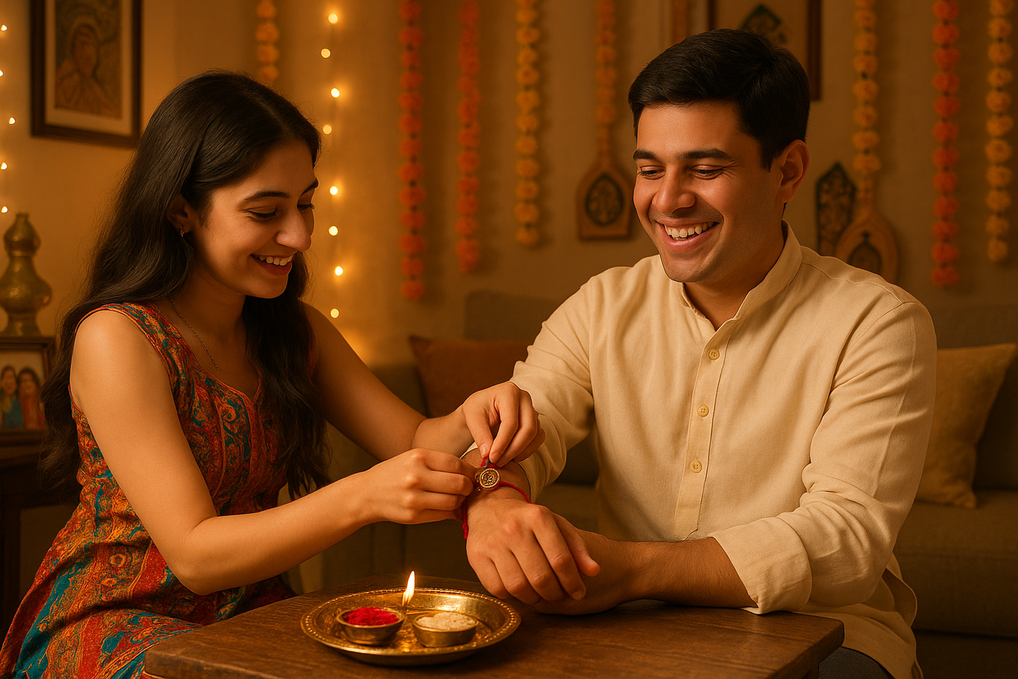 Elegant Traditional Rakhi with Golden Diya Design