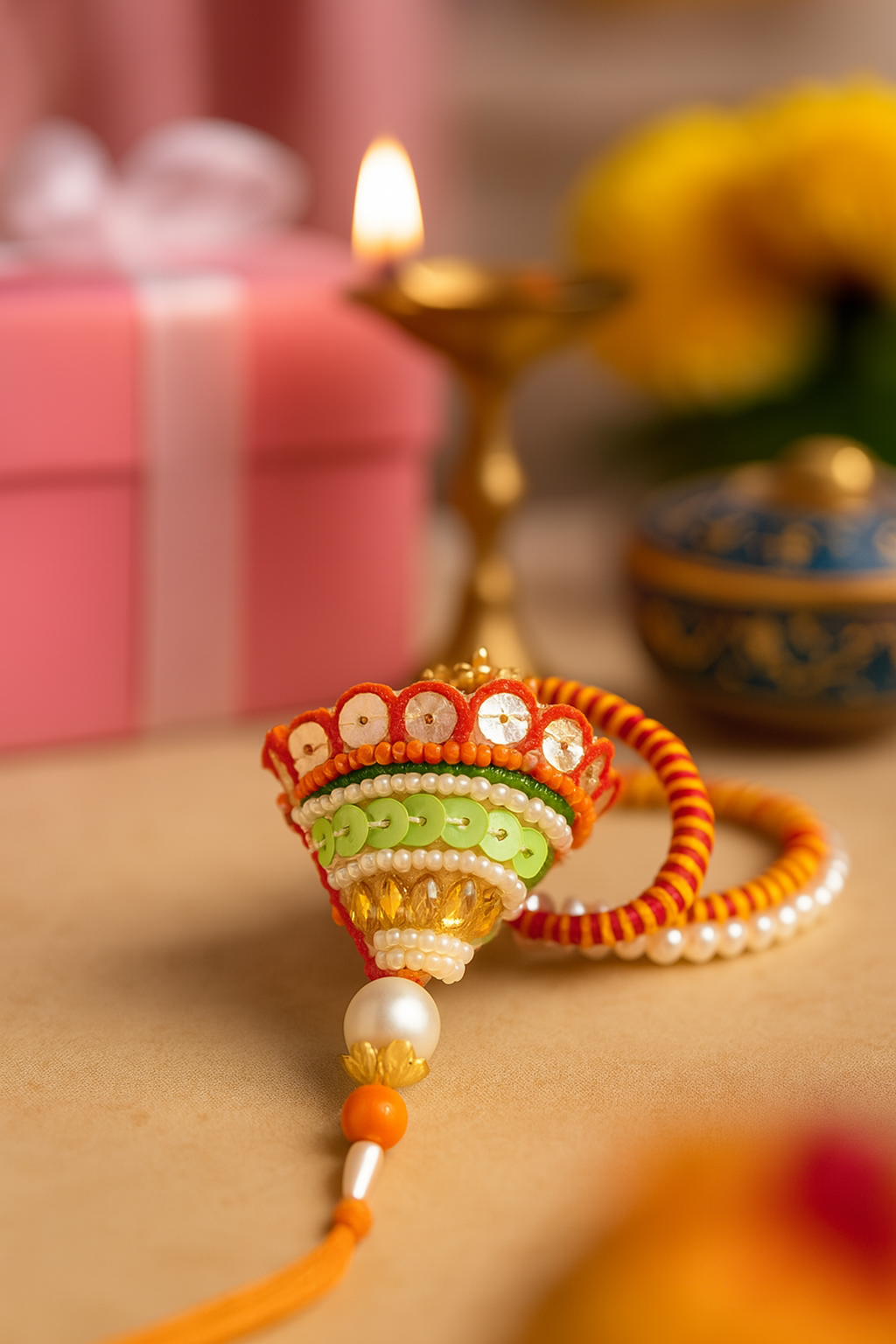 🧡 Designer Rakhi with Beaded Ring