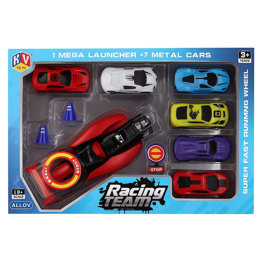 Racing Team Mega Launcher Playset | 7 Die-Cast Metal Cars | High-Speed Racing Action | Powerful Car Launcher